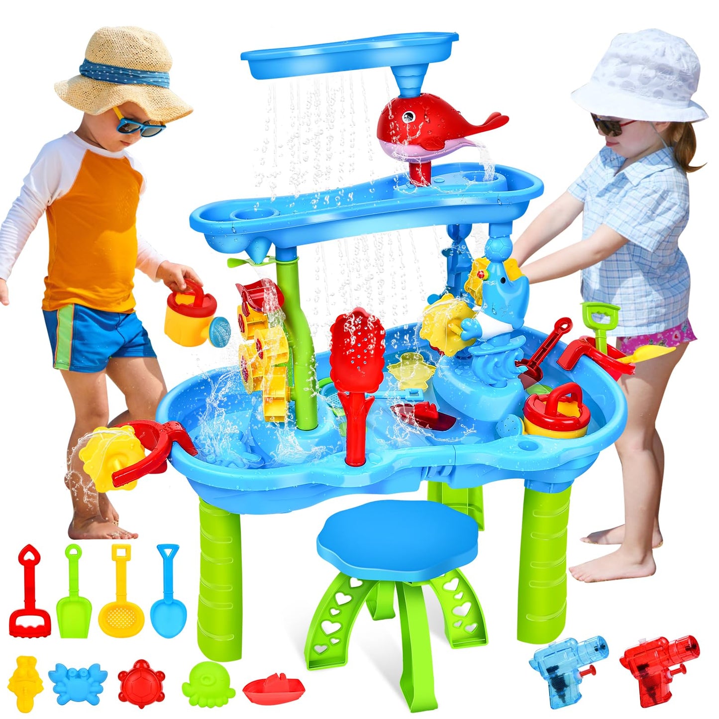 JONRRYIN Sand Water Table for Toddlers, 3-Tier Kids Sand Water Table Toy, Water Play Table Outdoor Beach Toy, Large Play Table Summer Water Toy for Boys Girls 3 4 5 6 7 Year