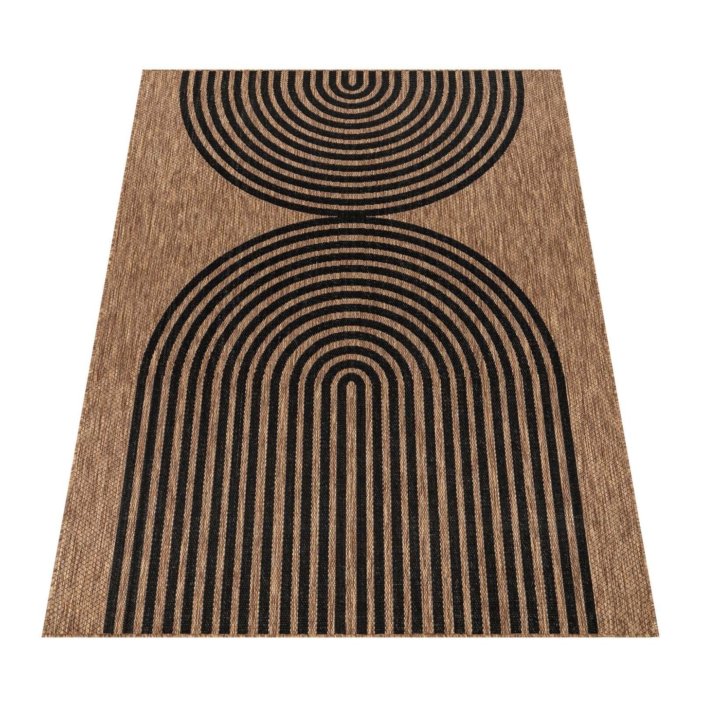 Indoor & Outdoor Rug, weather-resistant, suitable for living room, balcony, kitchen, and terrace. Flat-woven with a sisal-like pattern of boho circles in black. Size: 160x220 cm.