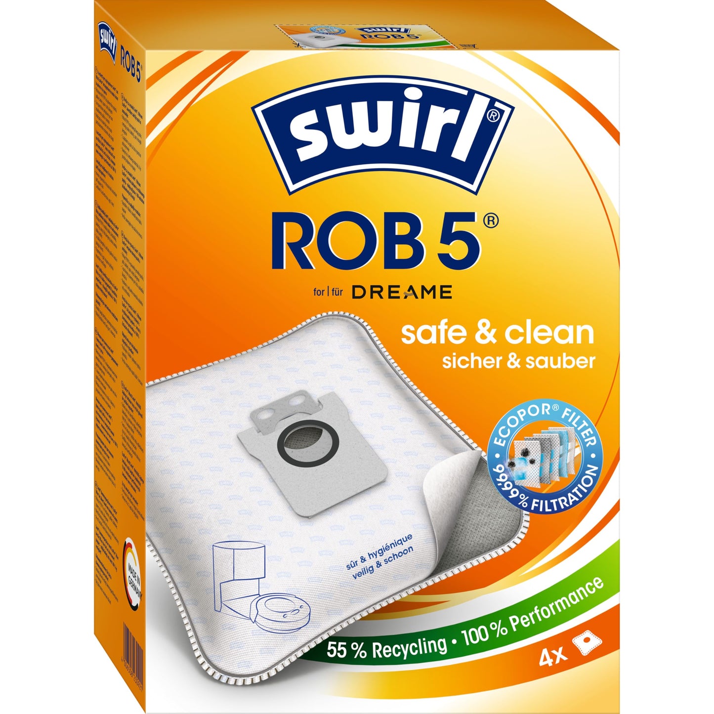 Swirl ROB 5 EcoPor Vacuum Bags (4 bags), tear-resistant dust bags for some Dreame robotic vacuums, 99.9% filtering of household dust & allergenic fine dust.