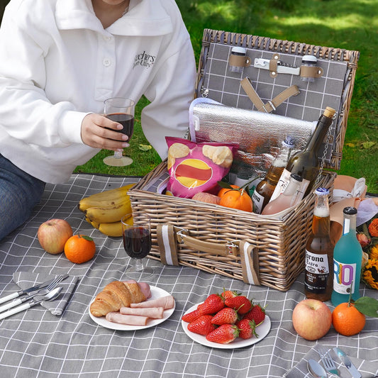 Willow picnic basket for 2 – Willow basket with waterproof picnic blanket | Willow picnic set with insulated cooler | Willow basket with cutlery set | Gift basket for Christmas, Thanksgiving, Gray