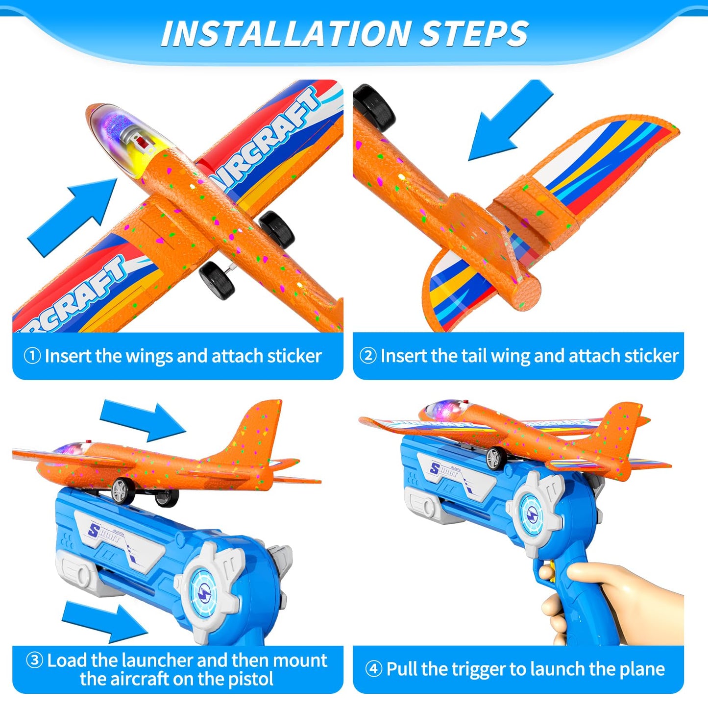 Doloowee Plane Toy, 3 Styrofoam Flyers with Catapult Toy Gun, Outdoor Toy for Kids Age 4+, Gift Boys Girls 4-10 Years