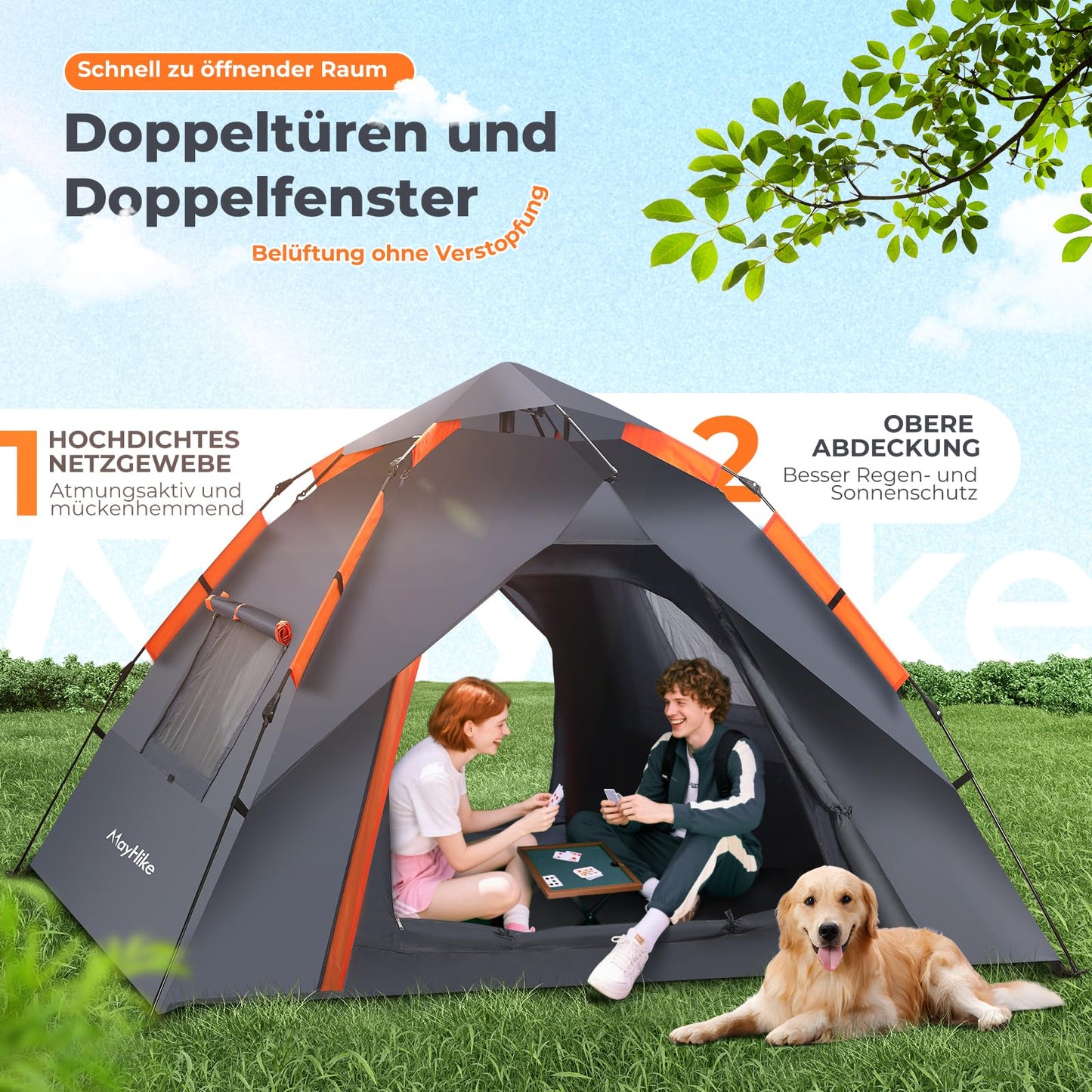 Pop-up camping tent for 2-4 people | 100% waterproof & wind-resistant family tent | 230x230x135 cm + 2 doors with ventilation mesh | Perfect for campsites & summer festivals | Includes tent bag