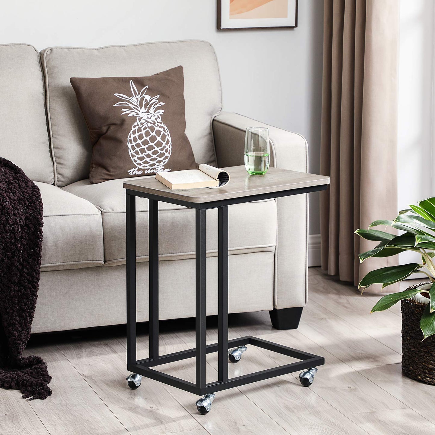 VASAGLE side table, coffee table with wheels, C-shape, mobile coffee table, 35 x 50 x 60 cm, living room table with metal frame, for coffee and laptop, industrial design, greige-black LNT050B02