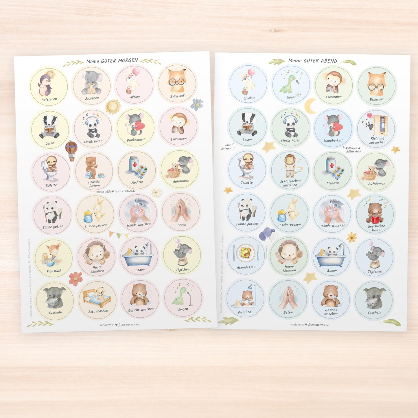 Morning and evening routines for kids - Routine planner for morning and evening: Animals (DIN A4 daily plan with flaps, Handmade in Germany) Checklist with Velcro dots to flip.