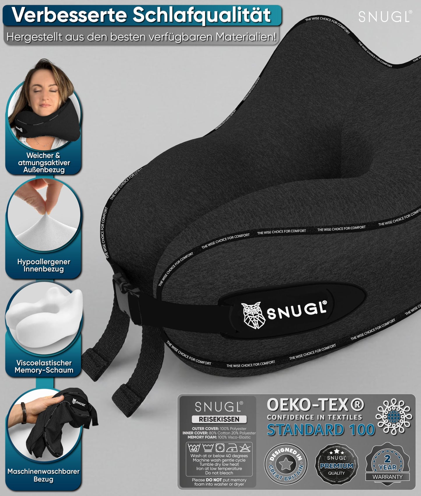 SNUGL Neck Pillow Memory Foam Washable & Adjustable | Cozy Neck Travel Pillow for Airplane, Car & On the Go | Travel Pillow Neck Cushion, Neck Travel Pillow (Black, Adult Small)