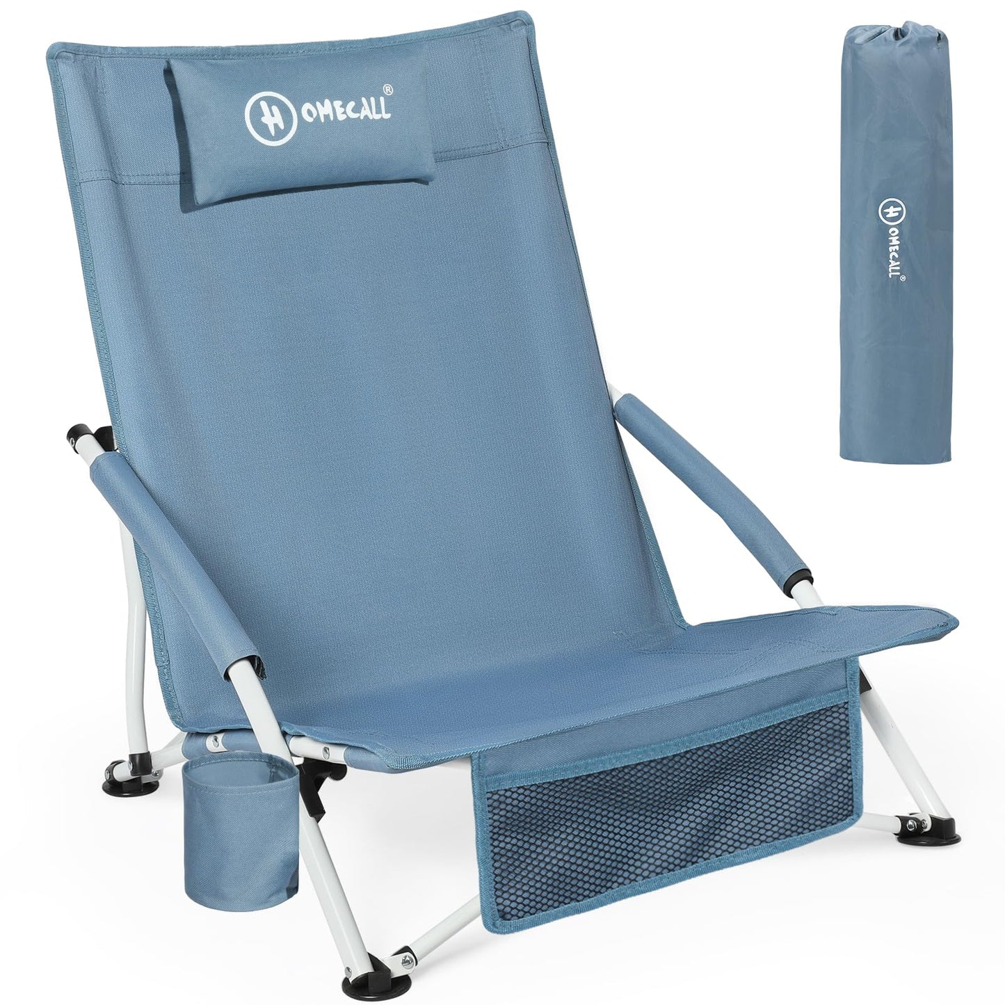 Homecall Folding Beach Chair Lightweight Portable Camping Low Chair with Comfortable Backrest, Padded Armrests - beach chair beach chairs foldable Up to 120KG (1 Chair with Cushion)