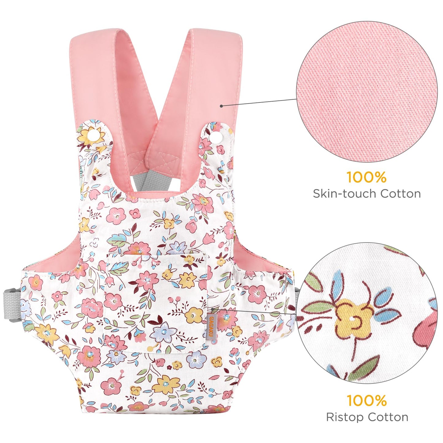 GAGAKU doll carrier for kids, adjustable straps, pink (peach blossom) - doll accessory for carrying dolls on belly.