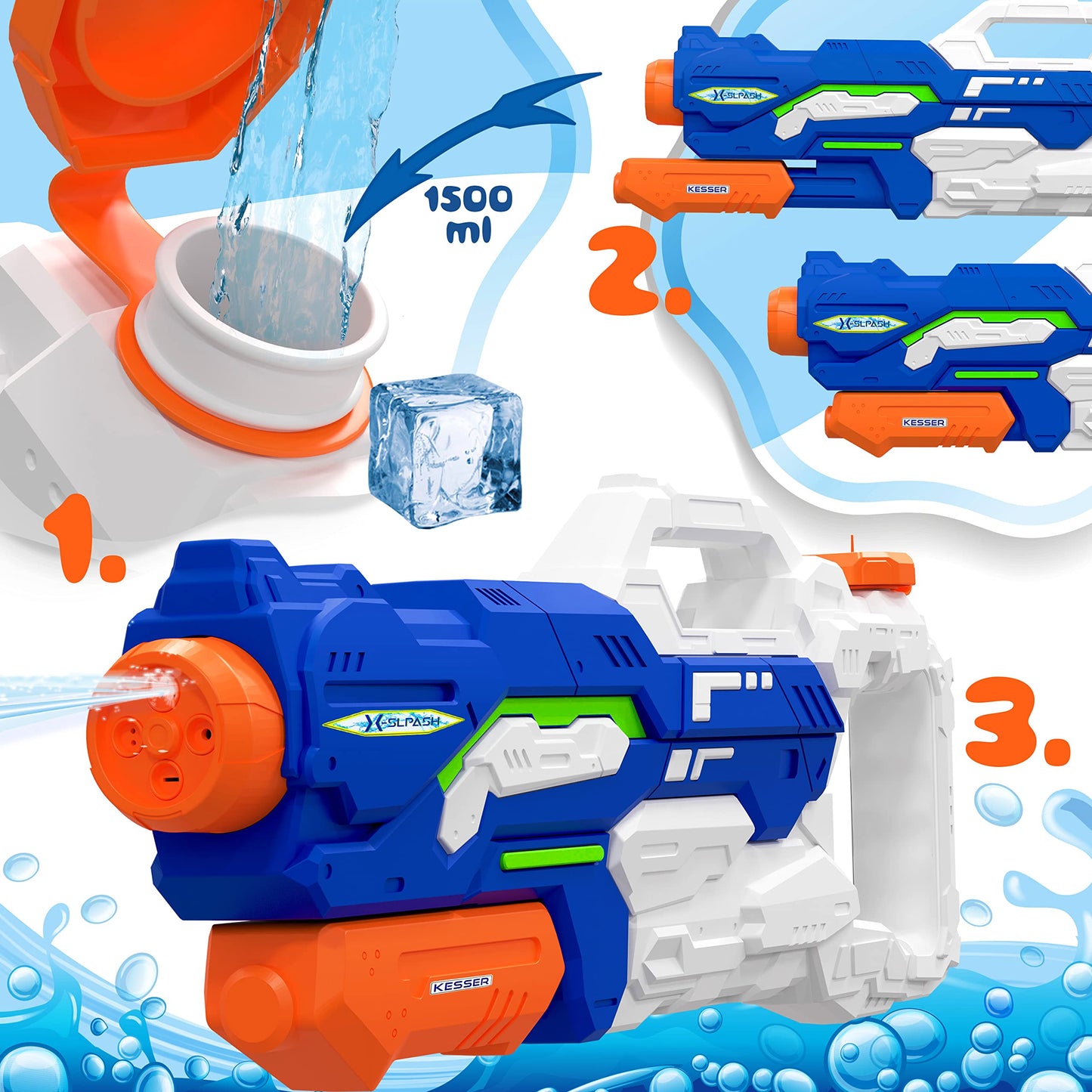 KESSER® Water Gun 2 Pack Water Pistols Squirt Guns Range 10-11 Meters, Capacity 1500ml Water Fun Beach Outdoor Toy for Kids and Adults Beach Pool, Blue/White