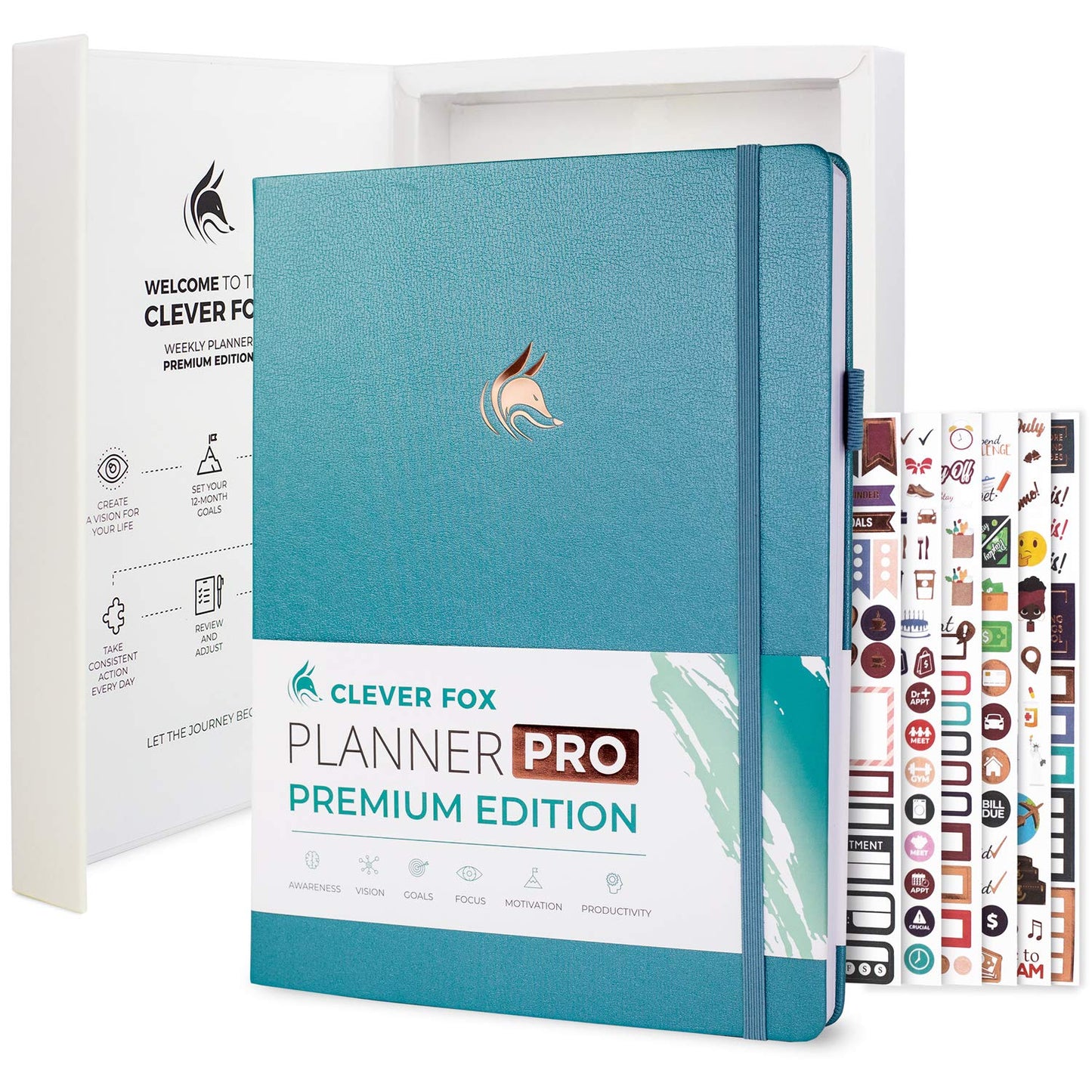 Clever Fox Planner PRO Premium Edition - Luxurious weekly and monthly planner + budget planner for productivity and goal achievement, undated, storage box, lasts 1 year, Aquamarine