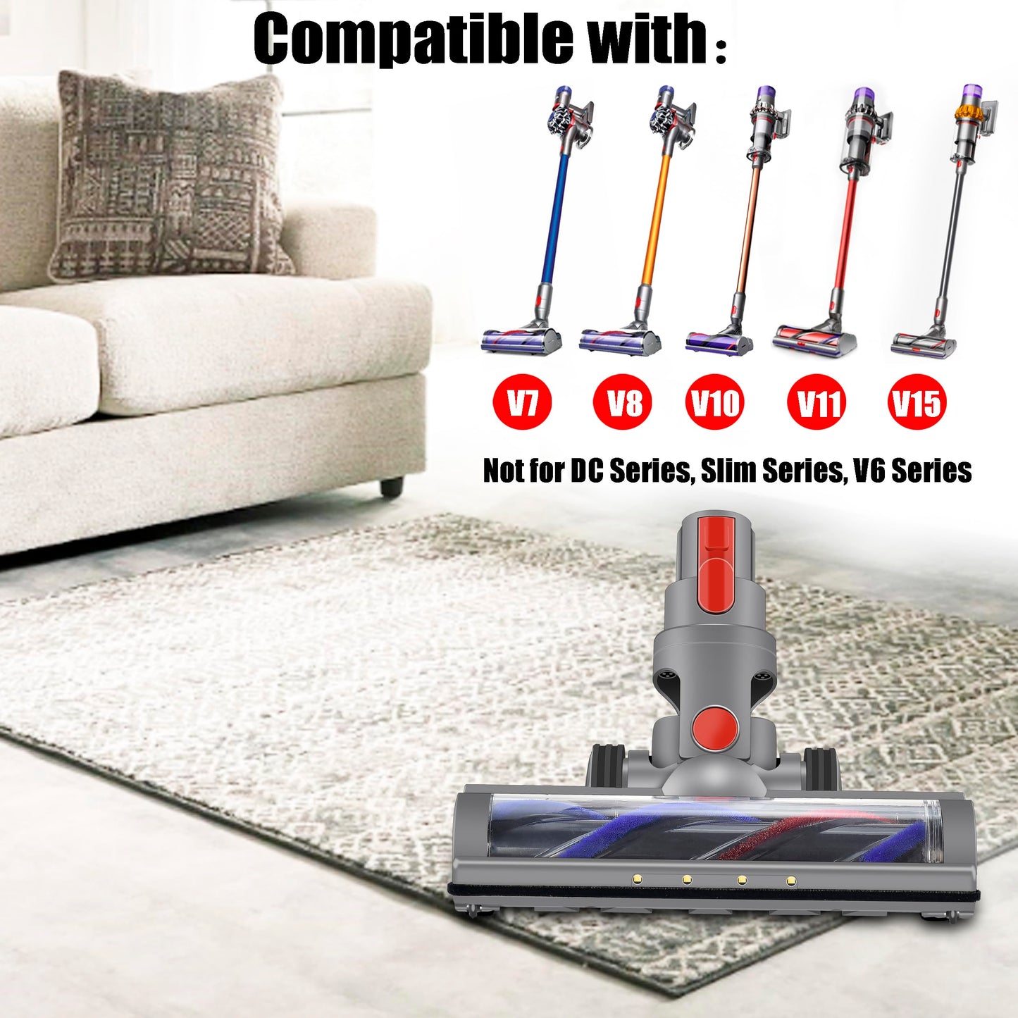 Italdos turbine nozzle electric brush compatible with Dyson V7 V8 V10 V11 V15 with motorized roller suitable for carpet, parquet, and hard floors automatic LED light.