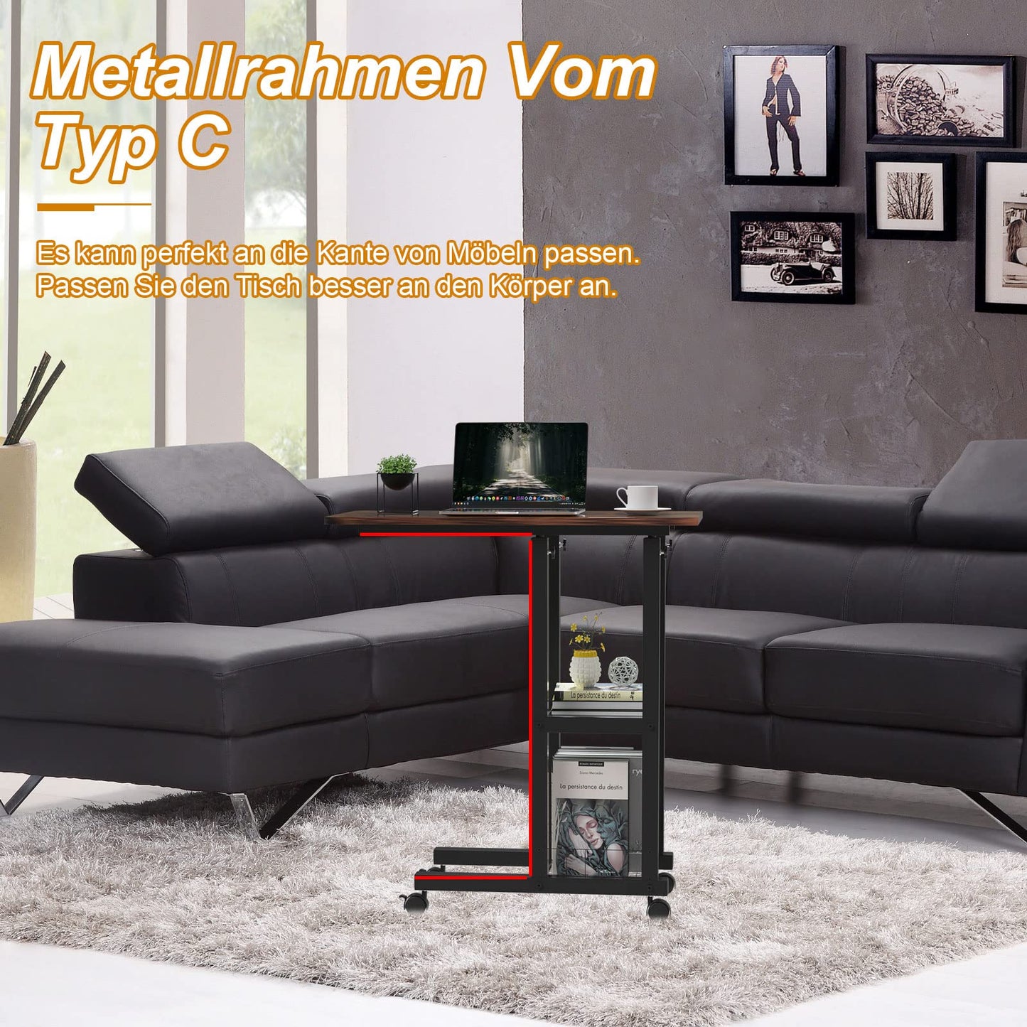 PIPIPOXER side table with wheels laptop table, computer desk height adjustable desk made of wood with 60x30x65cm table top and 4 swivel 360° wheels for computer, laptop, bedroom, office black