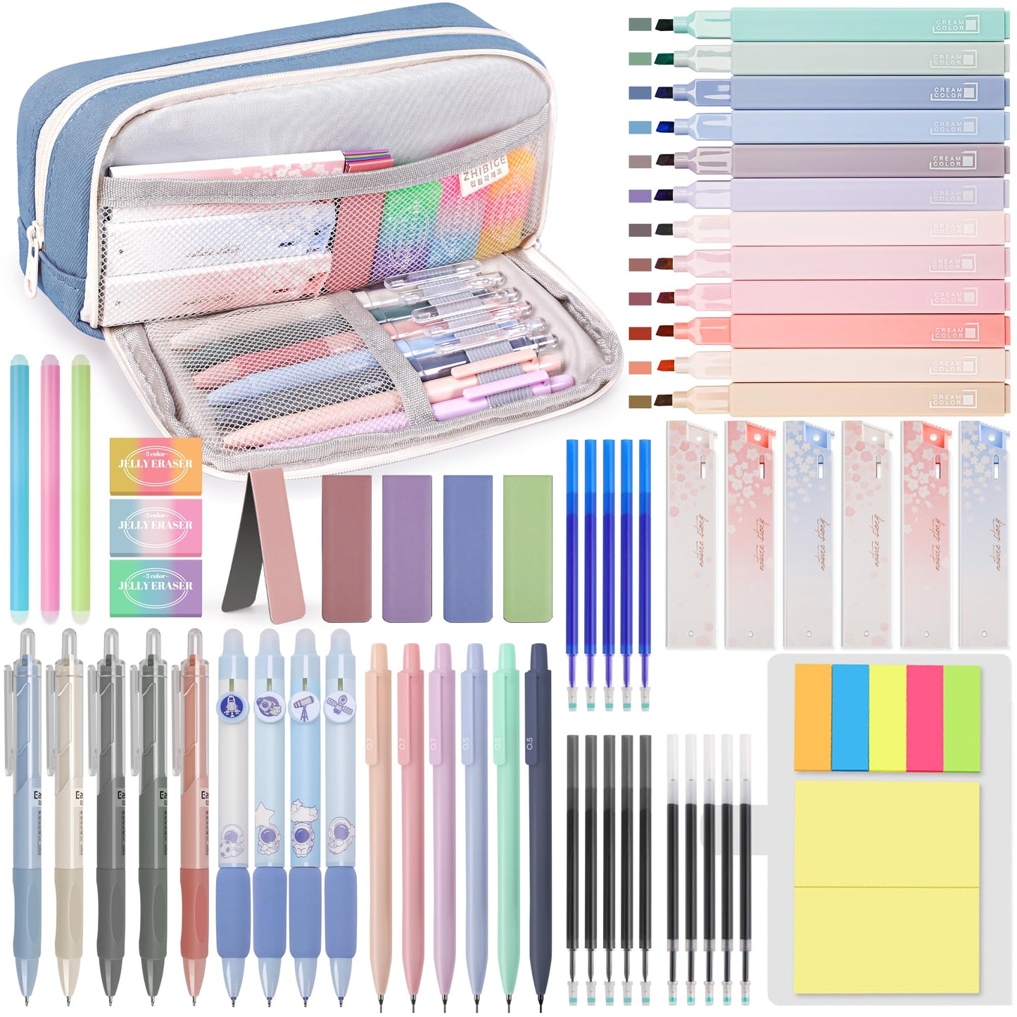 DazSpirit Stationery 61 Piece School Supplies Set with Pencil Case, 12 Pastel Highlighters, 4 Erasable Pens, 5 Gel Pens, 6 Mechanical Pencils, Back To School Stuff, Office Essentials, Writing Set (Blue)
