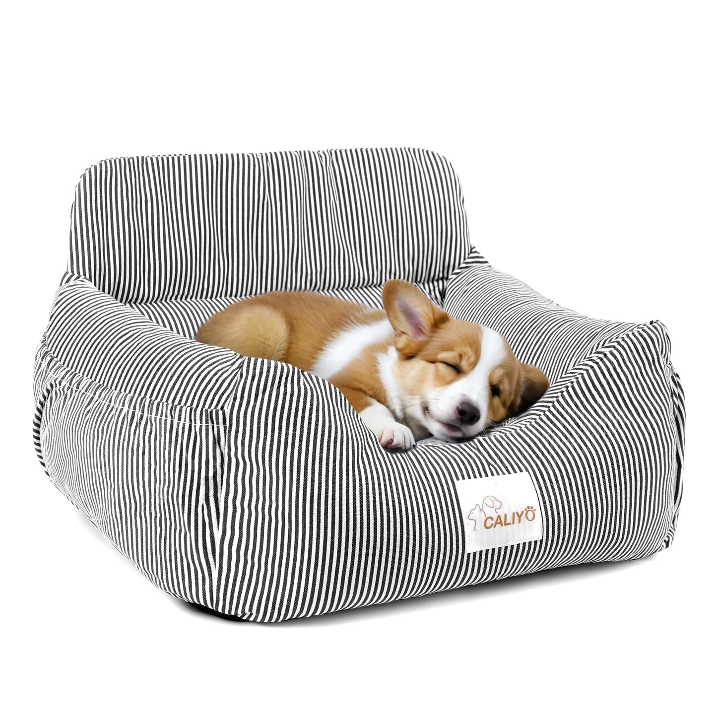 CALIYO dog car seat with sturdy base & safety belt | dog car seat for small up to 10 kg | memory foam seat cushion | waterproof, washable dog basket with storage bag (black/white)