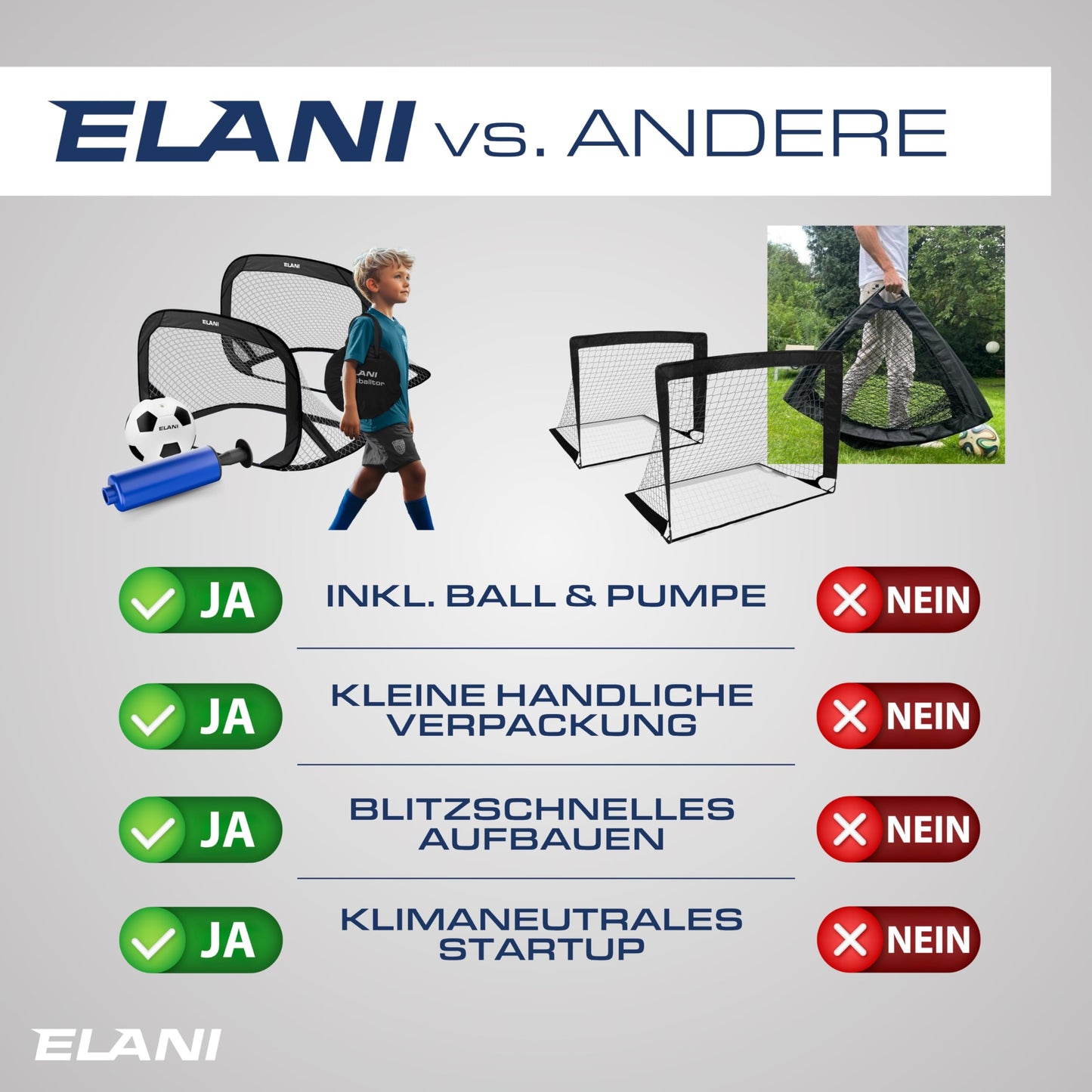 ELANI Soccer Goal Kids Pop-Up 2er Set - foldable with ball & pump, 50% smaller + easy assembly, mini soccer goal small, goal, soccer goals for garden kids, soccer goals, soccer goal, soccer