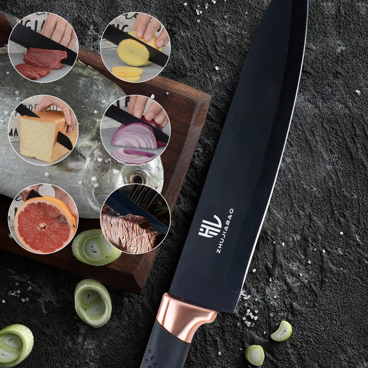 HL zhujiabao Black Kitchen Knife Block Set with Acrylic Stand 6PCS Professional Stainless Steel Chef Knife Set with Non-stick Coating and ultra-sharp Knife Block Set as a gift for men and women
