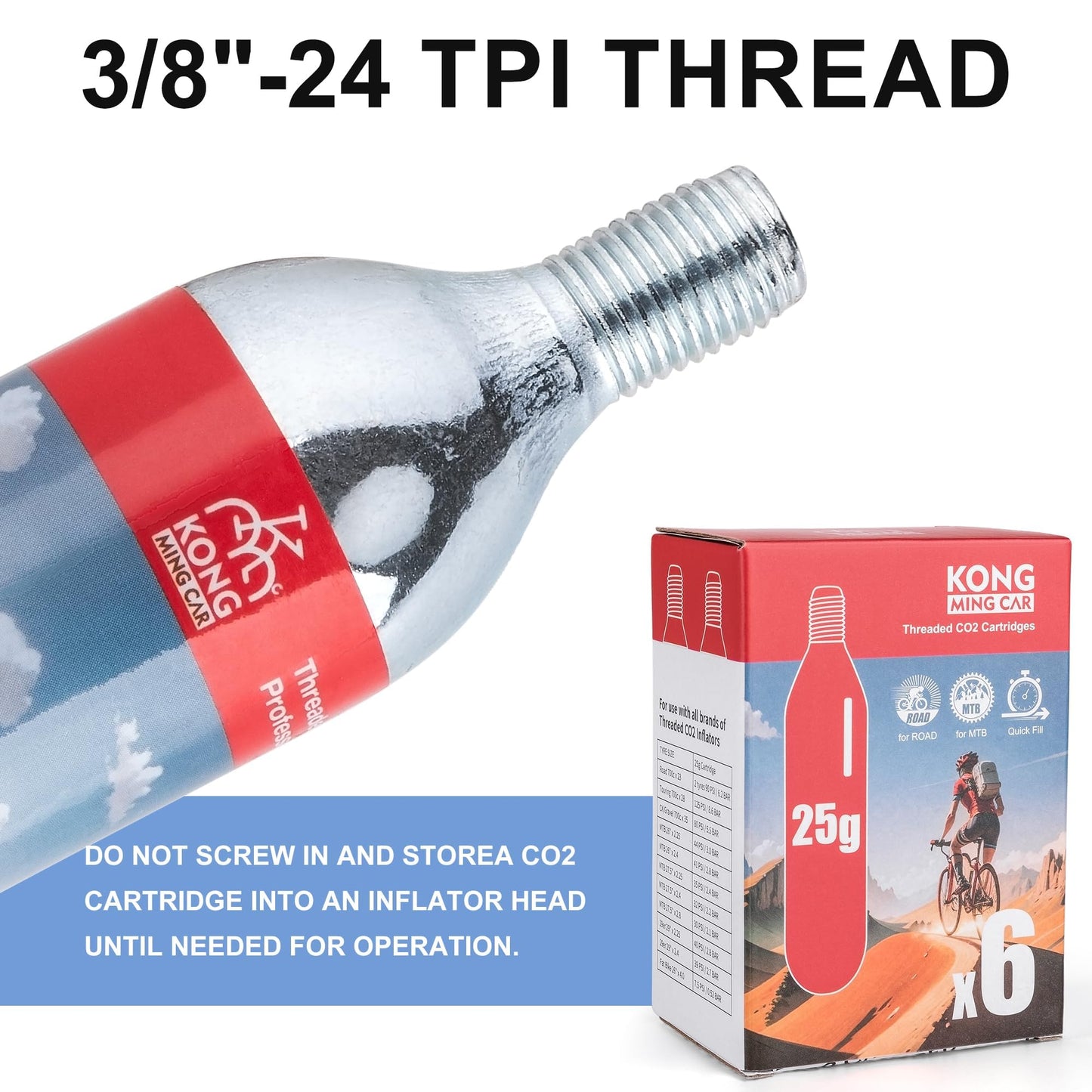 KONG MING CAR 16g/25g threaded CO2 cartridges for all CO2 bike tire inflators, CO2 pump for road bikes and mountain bikes (25g x 6 pack)