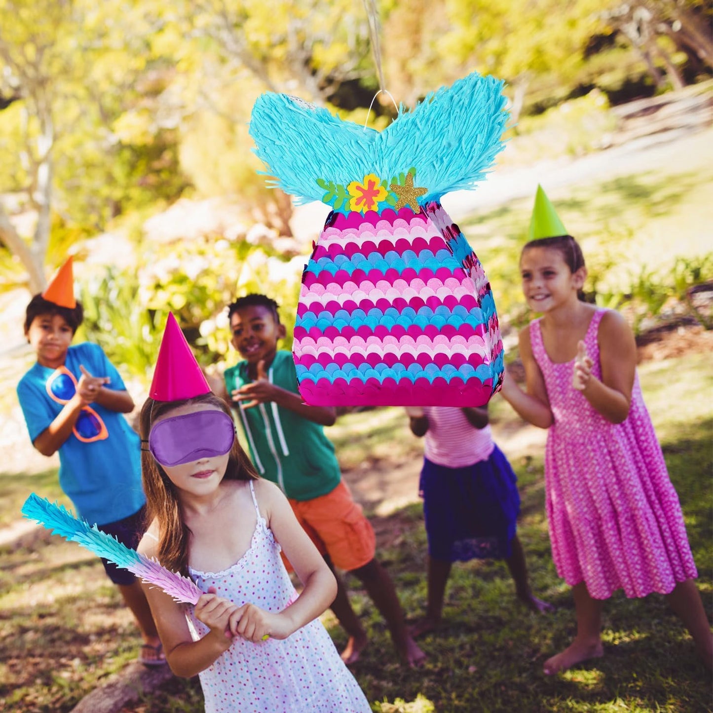 WERNNSAI Mermaid Pinata - Mermaid Birthday Pinata Decoration for Girls Kids Purple Sea Piñata with Blindfold Stick Underwater Birthday Party Decorations Fun Pool Party Games
