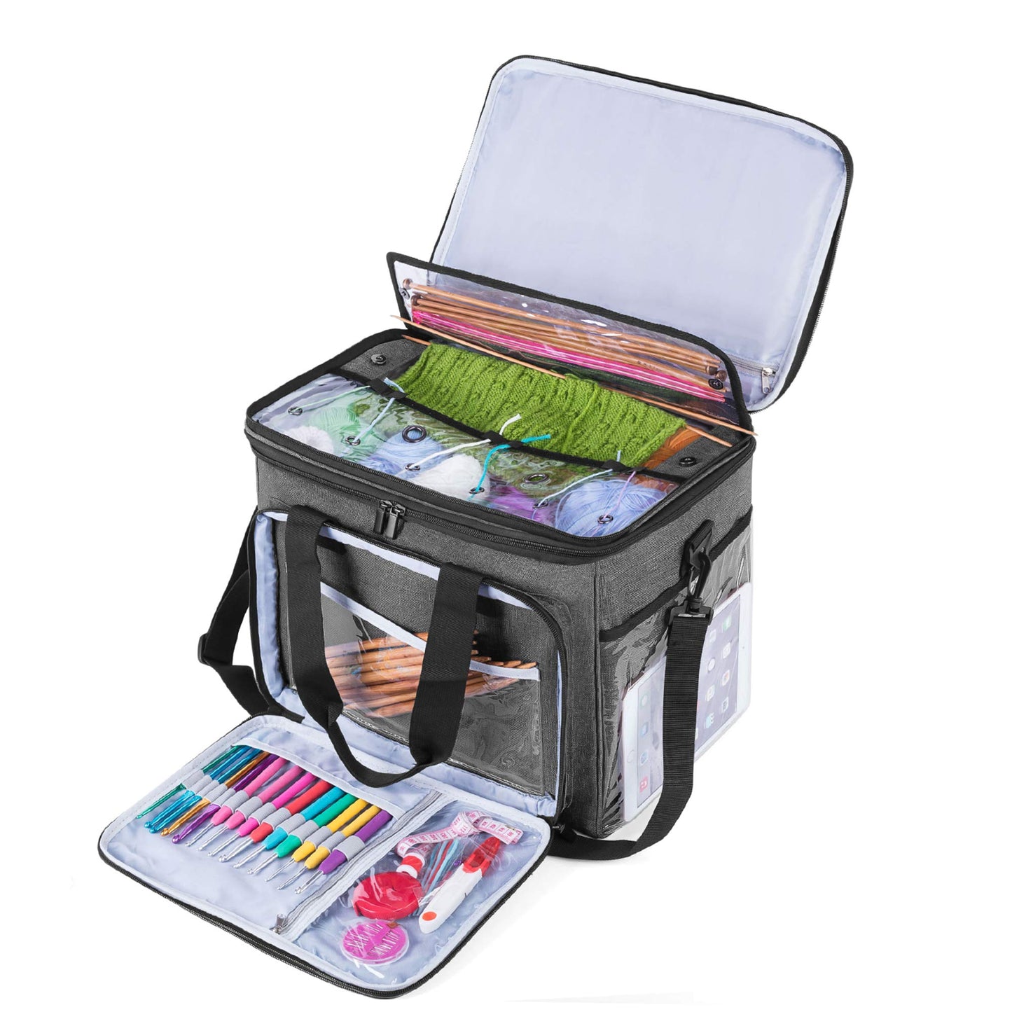 Teamoy storage bag for yarn, suitable for carrying knitting/crochet yarn and accessories, with double lids (accessories not included), Gray.