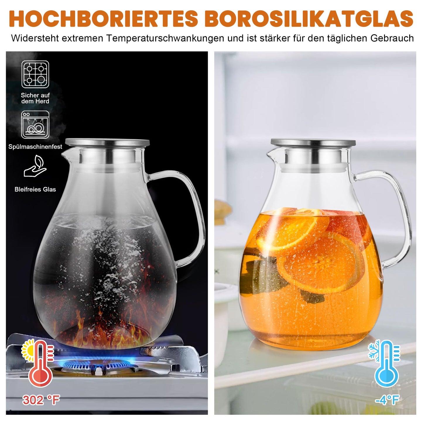 SUSTEAS 3.0 Liter 101 Ounce Water Carafe, Glass Carafe with Lid and Wide Handle, Easy to Clean Glass Pitcher for Fridge, Water Jug for Iced Tea/Milk/Coffee/Wine, Carafes with Brush
