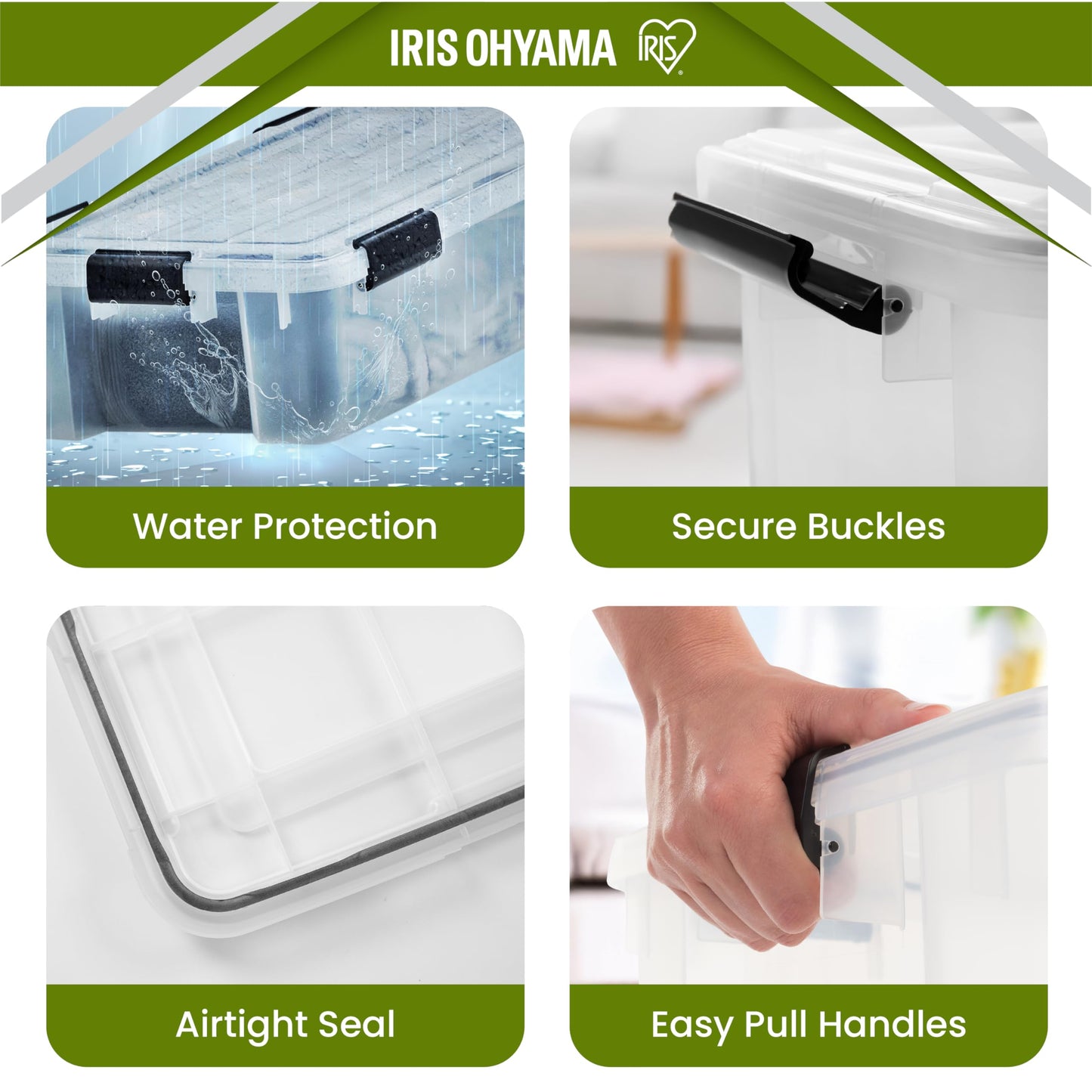 Iris Ohyama airtight plastic storage boxes with lids, 30L, set of 4, Transparent, Hermetic watertight seal, Strong snap locks, Stackable, Dust protection, BPA-free, WSB-30.