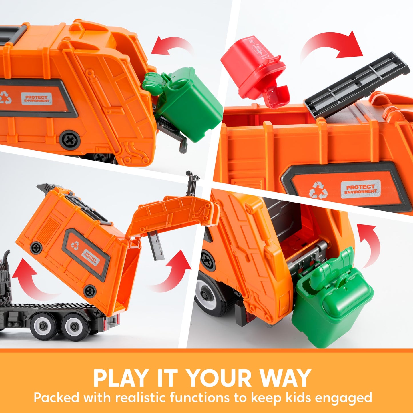 JOYIN Garbage Truck Toy for 3 4 5 6 Year Old Kids Boys and Girls, Trash Truck Toy, Garbage Truck Kids with Trash Bin, Light and Sounds, Screwdriver Toy, for DIY Assembly (orange)