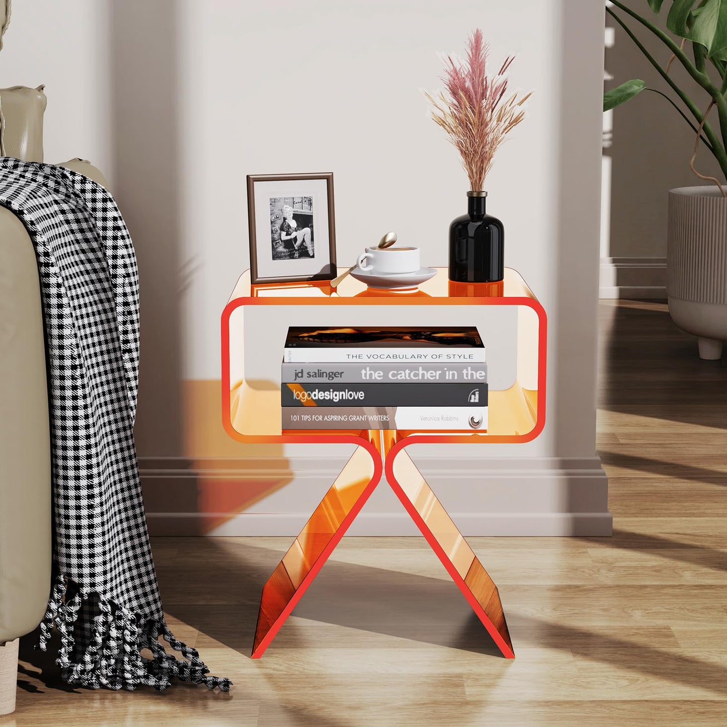 Acrylic Nightstand Side Table, Modern Design Clear Home Decor Display End Table (Orange)