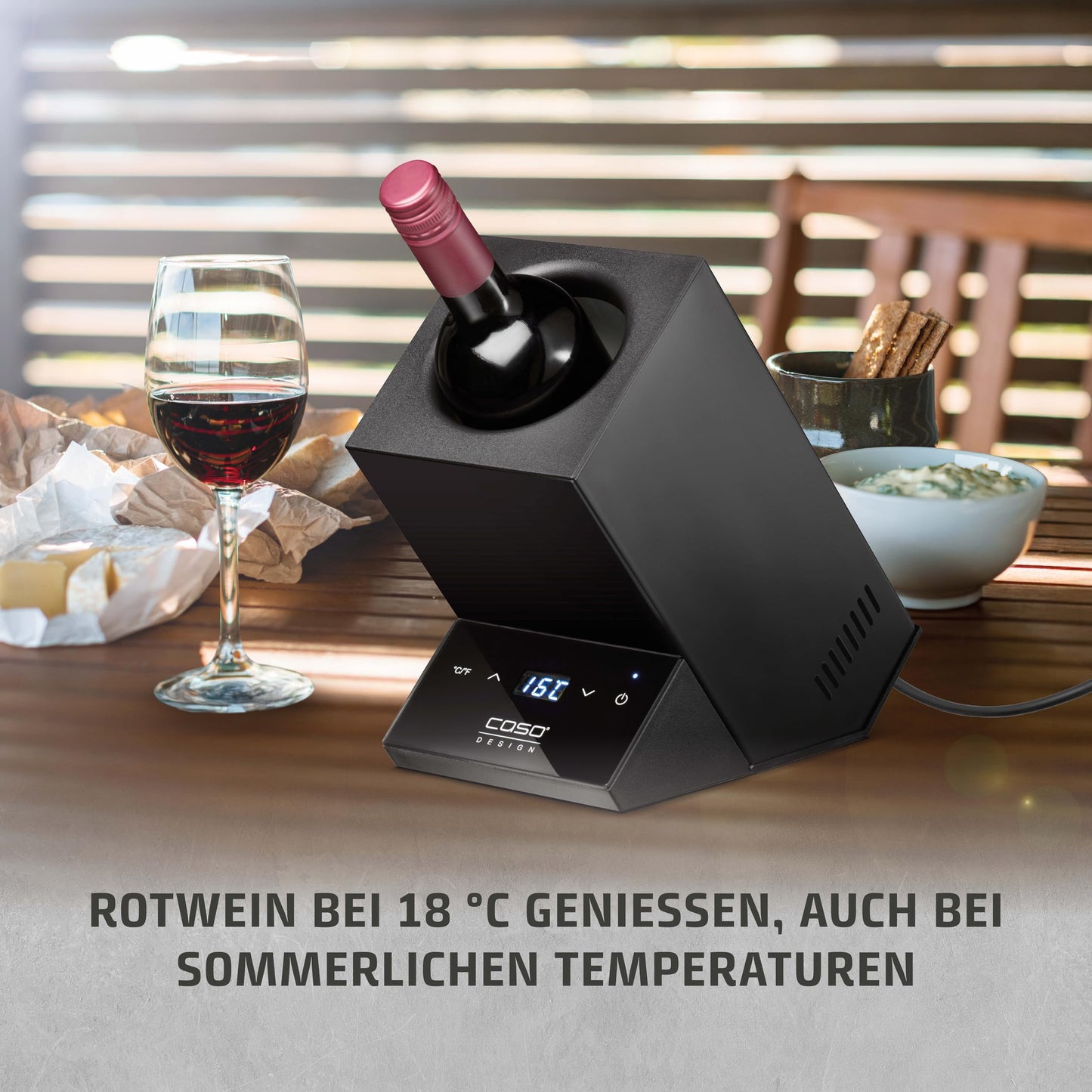 CASO WineCase One Black - Design wine cooler for one bottle, temperature range of 5-18°C, for bottles up to 9 cm Ø, sensor touch operation, black stainless steel casing.