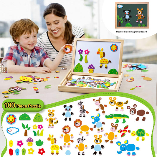 Uping Magnetic Wooden Puzzle 100 Pieces, Double-Sided Magnetic Board, Drawing Board Colored Pencils Chalks, Forest and Animal Puzzles Toy for Ages 3+