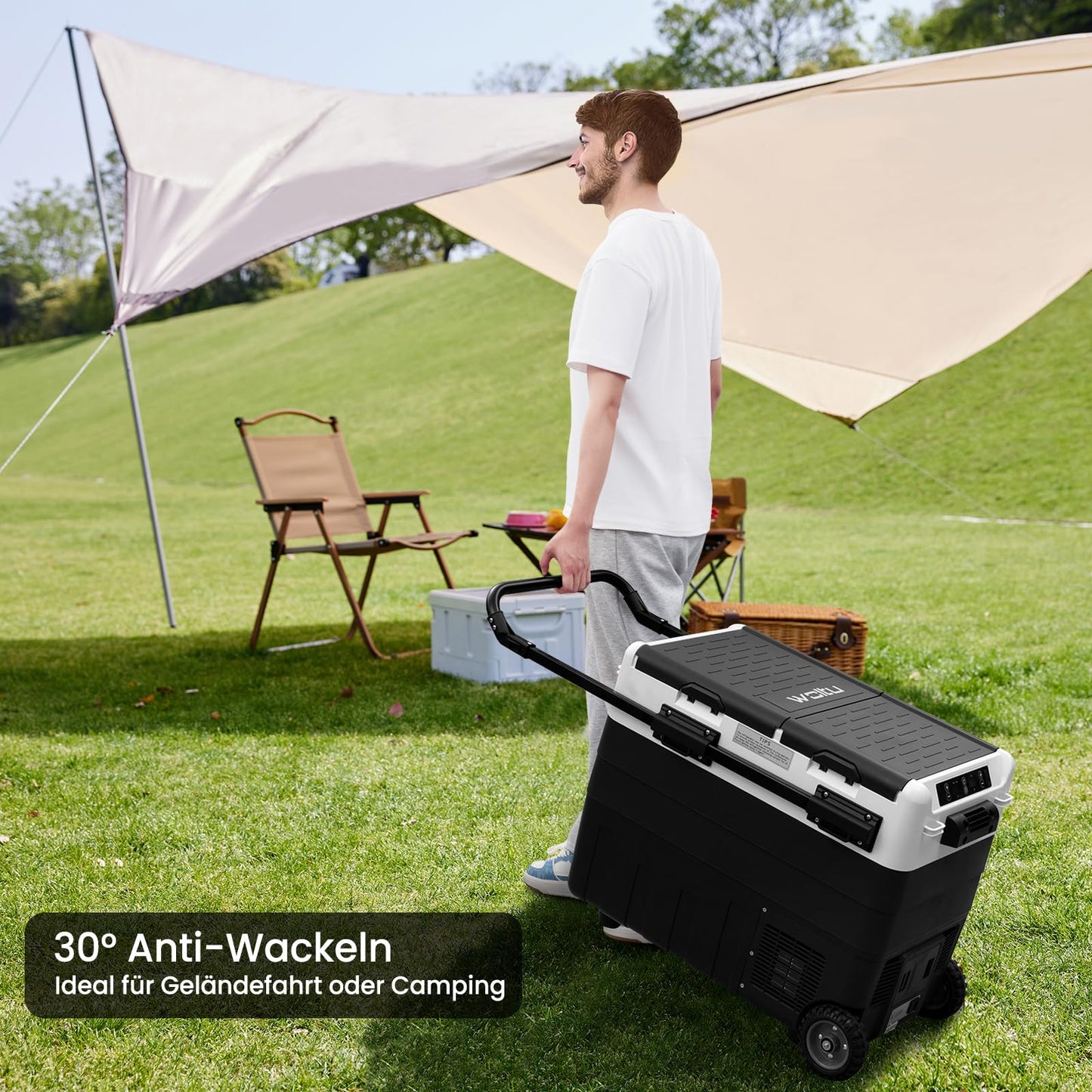 WOLTU compressor cooler electric freezer box 50L dual zone with app control USB port, 12 V/24 V, mini fridge freezer cooling up to -20°C for car boat camping, with adapter for cooler box