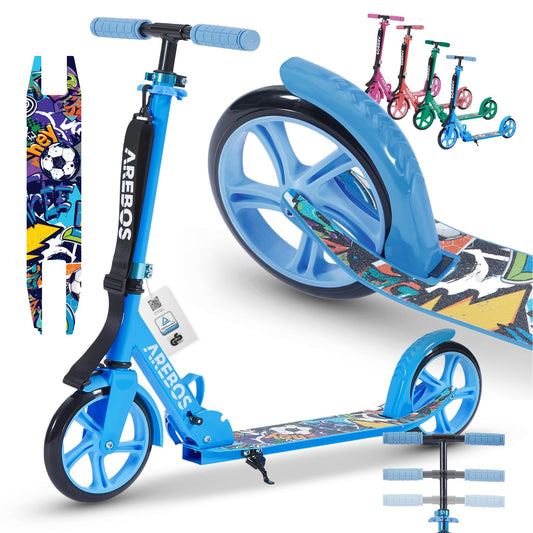 Arebos City Scooter Kick Scooter Blue | Adjustable height | Foldable | Includes carrying strap | XXL wheels | Foot brake | For children and adults | Up to 100kg weight capacity | Kick scooter | Kickscooter