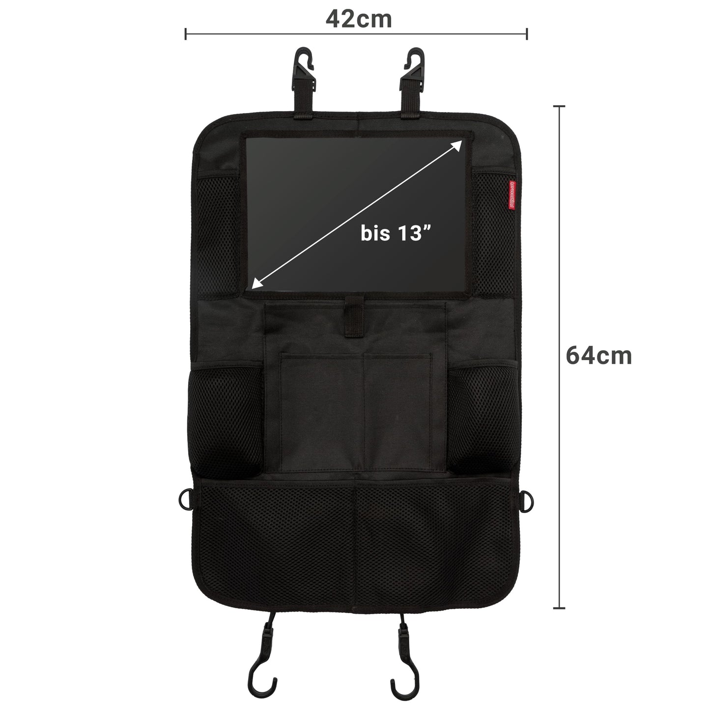 Heart child backrest protector and organizer. Car organizer with extra large 13" tablet compartment and 9 pockets. Seat protector with tablet holder for car rides with children. (1 piece)