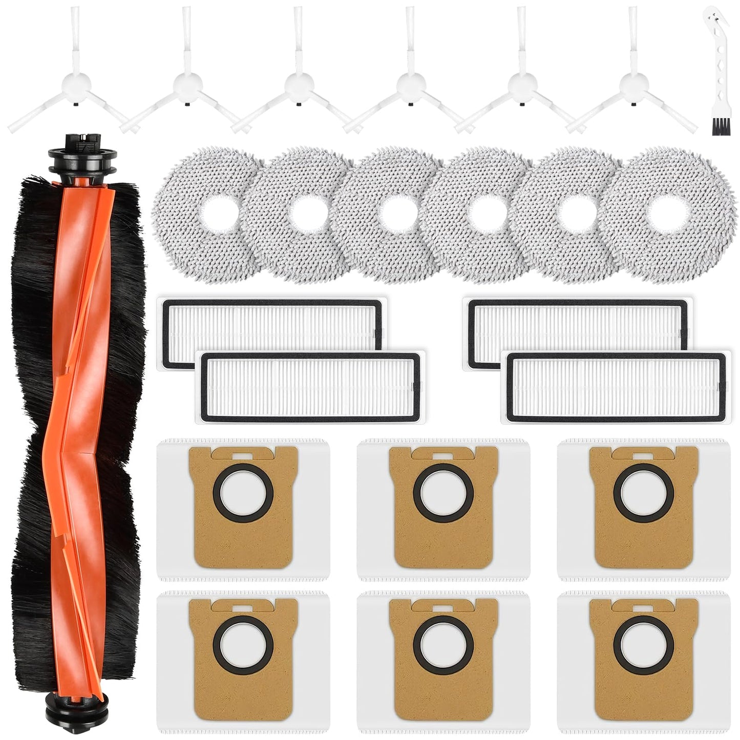 24-piece accessory set for Xiaomi X20+ / X10+ robot vacuum, includes 1 main brush, 6 mopping pads, 6 dust bags, 6 side brushes, 4 HEPA filters, and 1 cleaning tool.