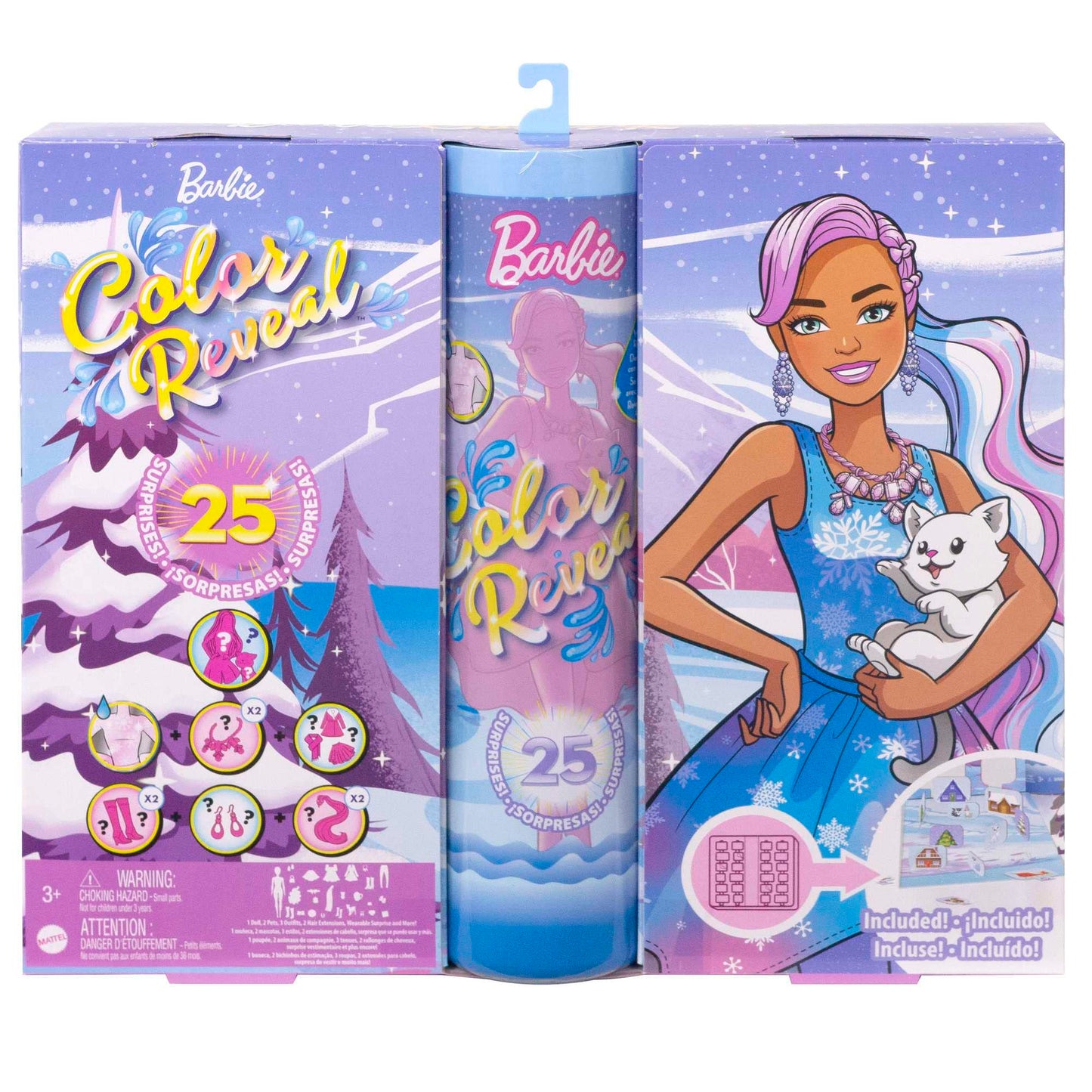 Barbie Color Reveal Advent Calendar includes 1 Color Reveal doll & 3 pets, clothing, accessories & 2 hair extensions, 25 surprises, perfect Christmas gifts for kids, HJD60.