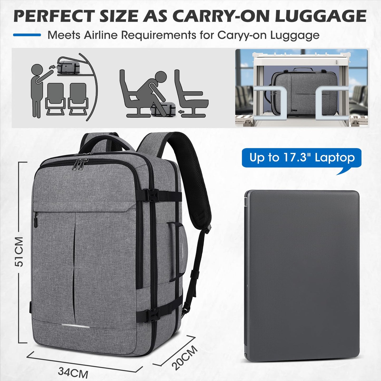 Lubardy Travel Backpack Men Women Carry-on Airplane Large Laptop Backpack 17 Inch Waterproof Weekender Business Daypack