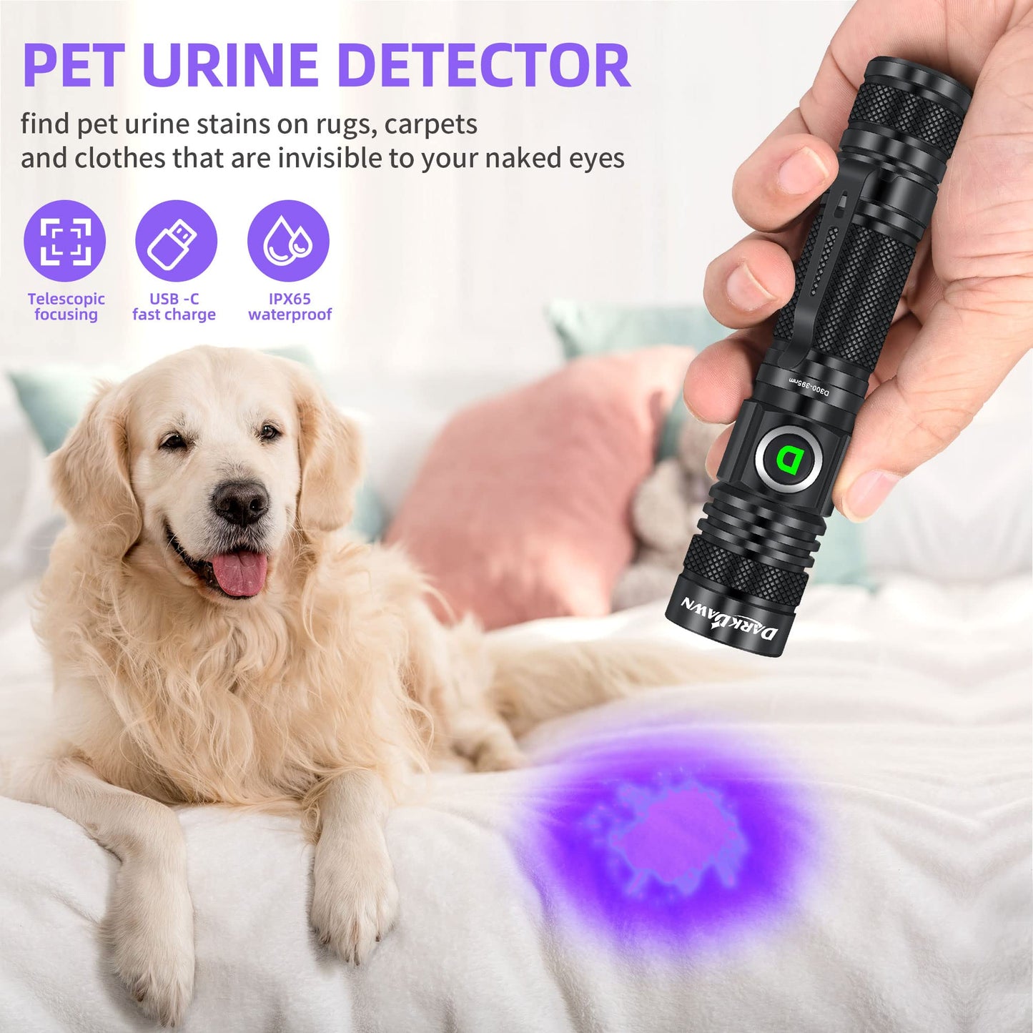 DARKDAWN UV flashlights 365nm and 395nm light USB rechargeable, ultraviolet LED blacklight woods lamp, mini detector for pet urine, stains, uranium glass, amber, resin curing, 2 pieces.