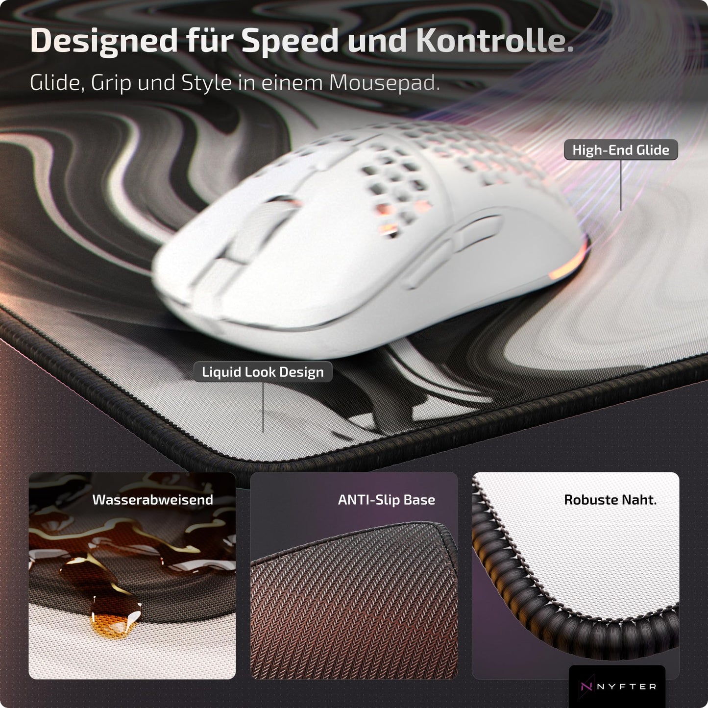 Nyfter - Premium XXL Gaming Mousepad Nyfpad 900x500mm Mousepad in Liquid Design Waveless with extra stitched edges (White-Black)