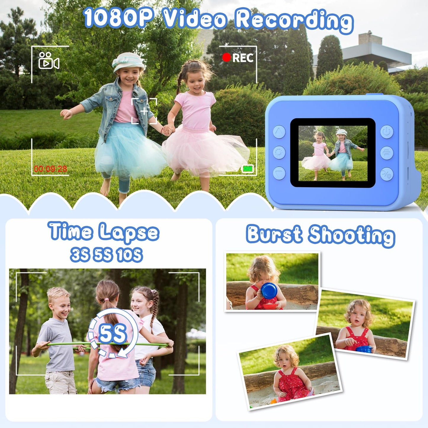 Hangrui instant camera for kids, 2.4-inch screen children's camera with 32G card & printing paper, 1080P instant print camera for kids with colored pens, gift for children aged 3-12 years.