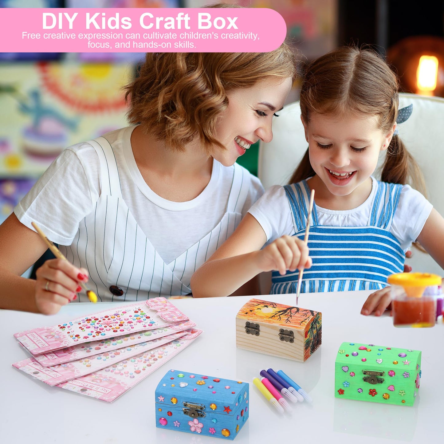 Fentar 10pcs Treasure Chest Kids Birthday, Wooden Treasure Chest Crafting Set, Small Treasure Chest for Kids, Wooden Box with Lid, Treasure Chest for Painting Kids Birthday with Markers Stickers