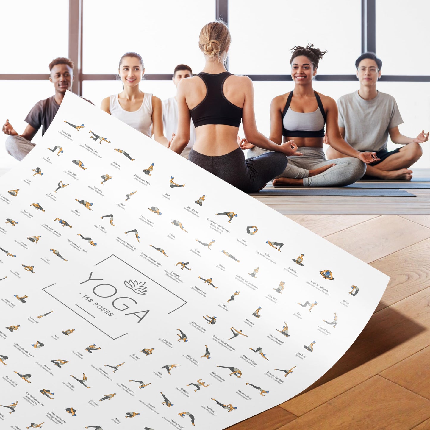 JUNOMI® Yoga Poster A2 size with black frame, yoga accessory for studios and home practice, perfect yoga gift idea, yoga exercises for beginners and professionals | with frame