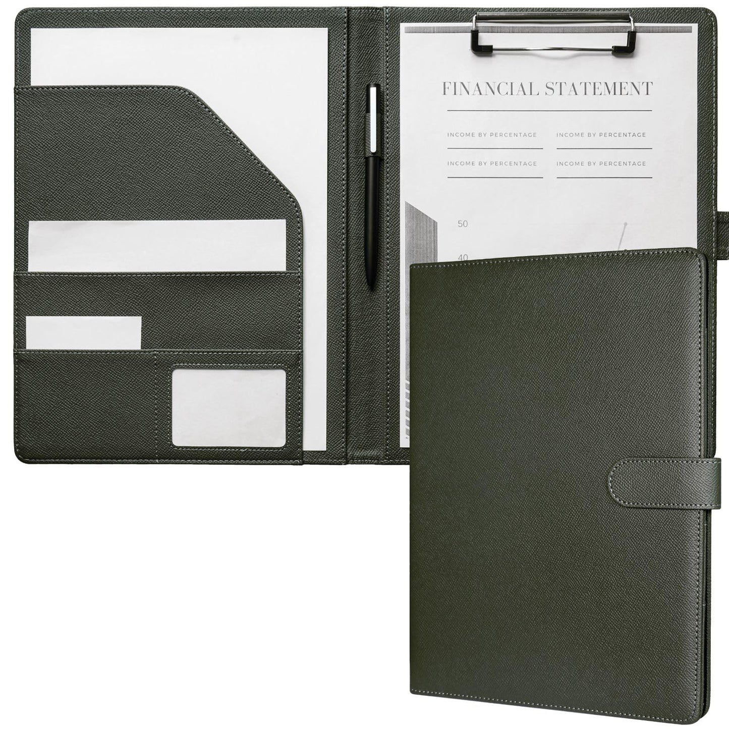 MyMazn A4 Clipboard with Cover, A4 Folder Writing Pad Clipboard Folder, PU Leather A4 Conference Folder with Document Pockets, Pen Holder, and Magnetic Closure (Olive Green)