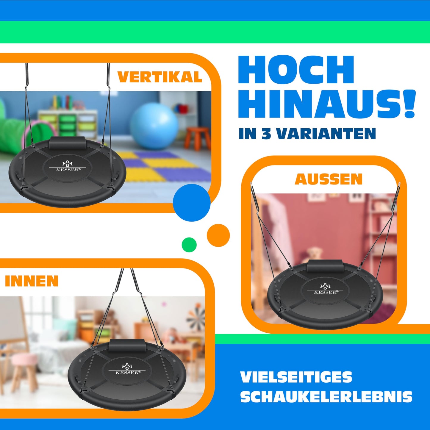 KESSER® Nest Swing Plate Swing Hanging Swing Round Swing Ø 120cm Swing Loadable up to 300kg with Cushion & 4 Handles Adjustable Children's Swing Indoor & Outdoor for Kids & Adults Charcoal Gray