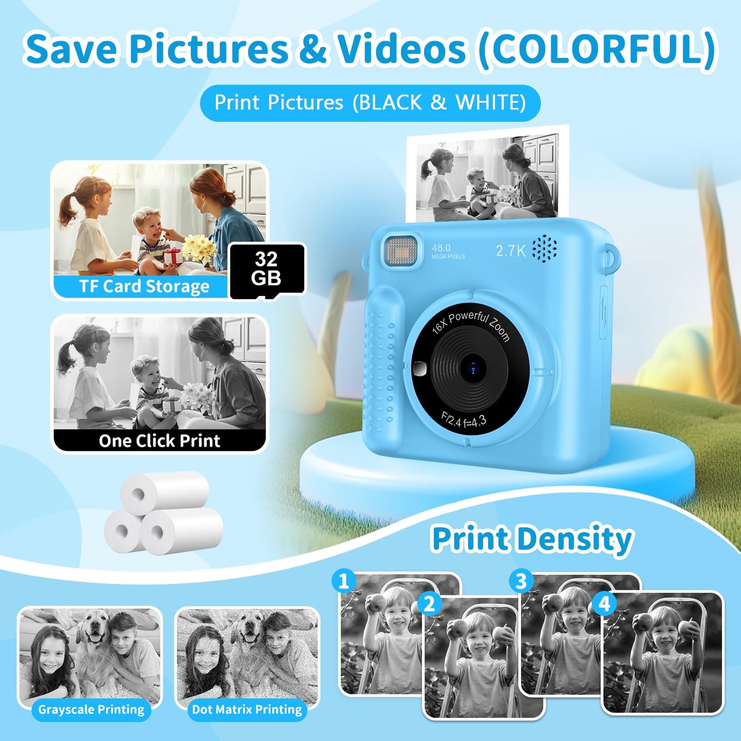 Children's camera instant camera, 2.4 inch 1080P screen instant camera for kids with 32GB card, 3 rolls of printing paper & colored pens, digital camera for kids toy, gift for children 3-12 years.
