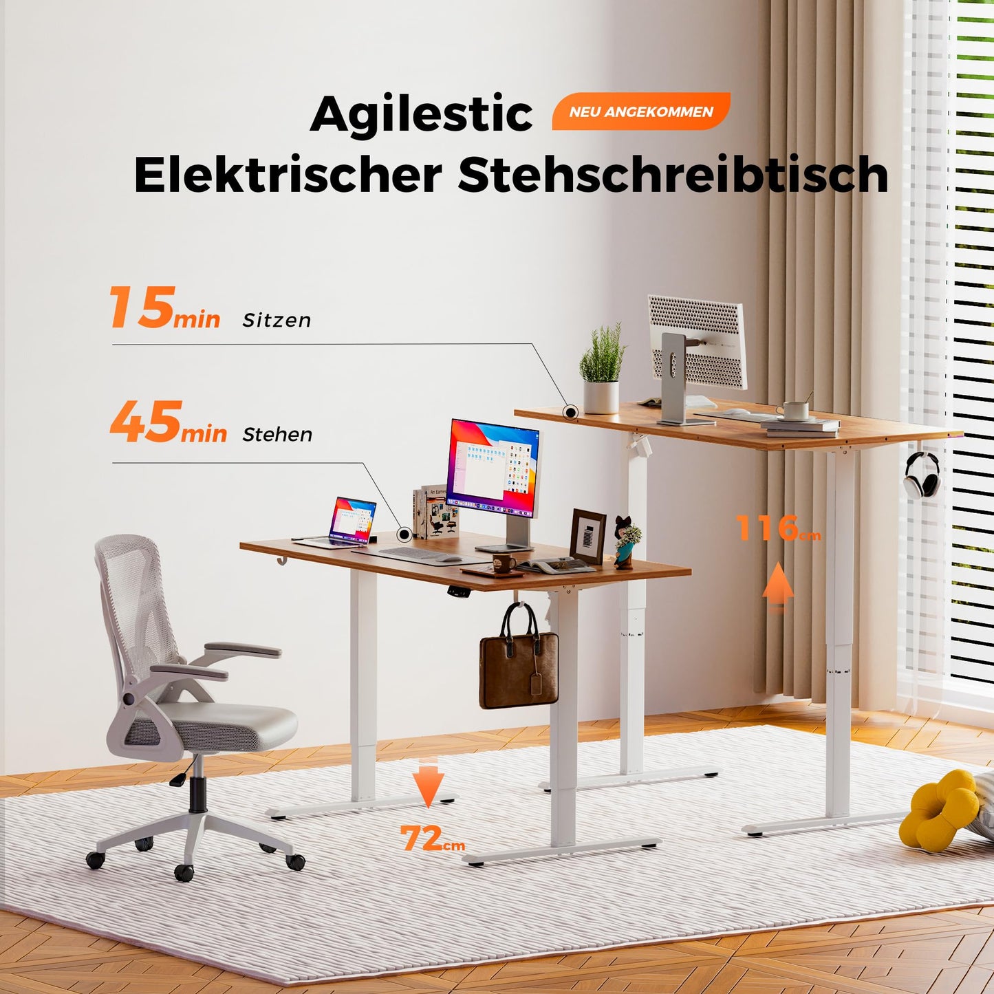 Agilestic height-adjustable desk 180 x 80 cm, stable desk height-adjustable electrically with memory hand control, ergonomic standing-sitting desk computer table, light brown.