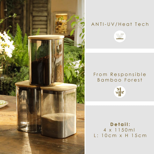 4-piece set of LIBWYS UV protection glass jars for coffee beans container tea caddy with bamboo lid square storage jar glass - 1150 ml * 4 glass containers (4pcs - LRC Edition)