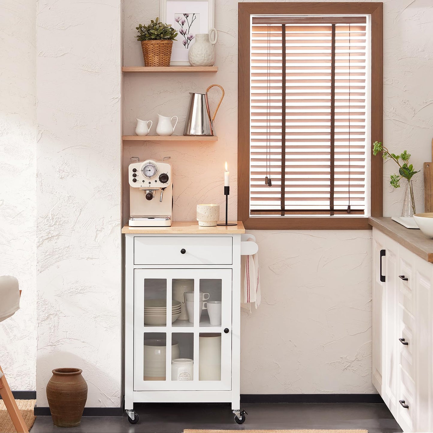 SoBuy FKW98-WN Kitchen Trolley with 1 Door and Drawer Serving Cart with Rubberwood Worktop Side Trolley Trolley White WDH approx. 62x87.5x45.5cm