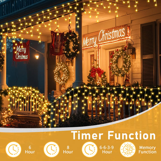 Auriostar Icicle Light String Outdoor, 7.5M 306 LED Warm White Outdoor String Light with Timer 8 Modes, IP44 Waterproof Outdoor Christmas Lighting for Balcony Window House Outdoor Christmas Decorations