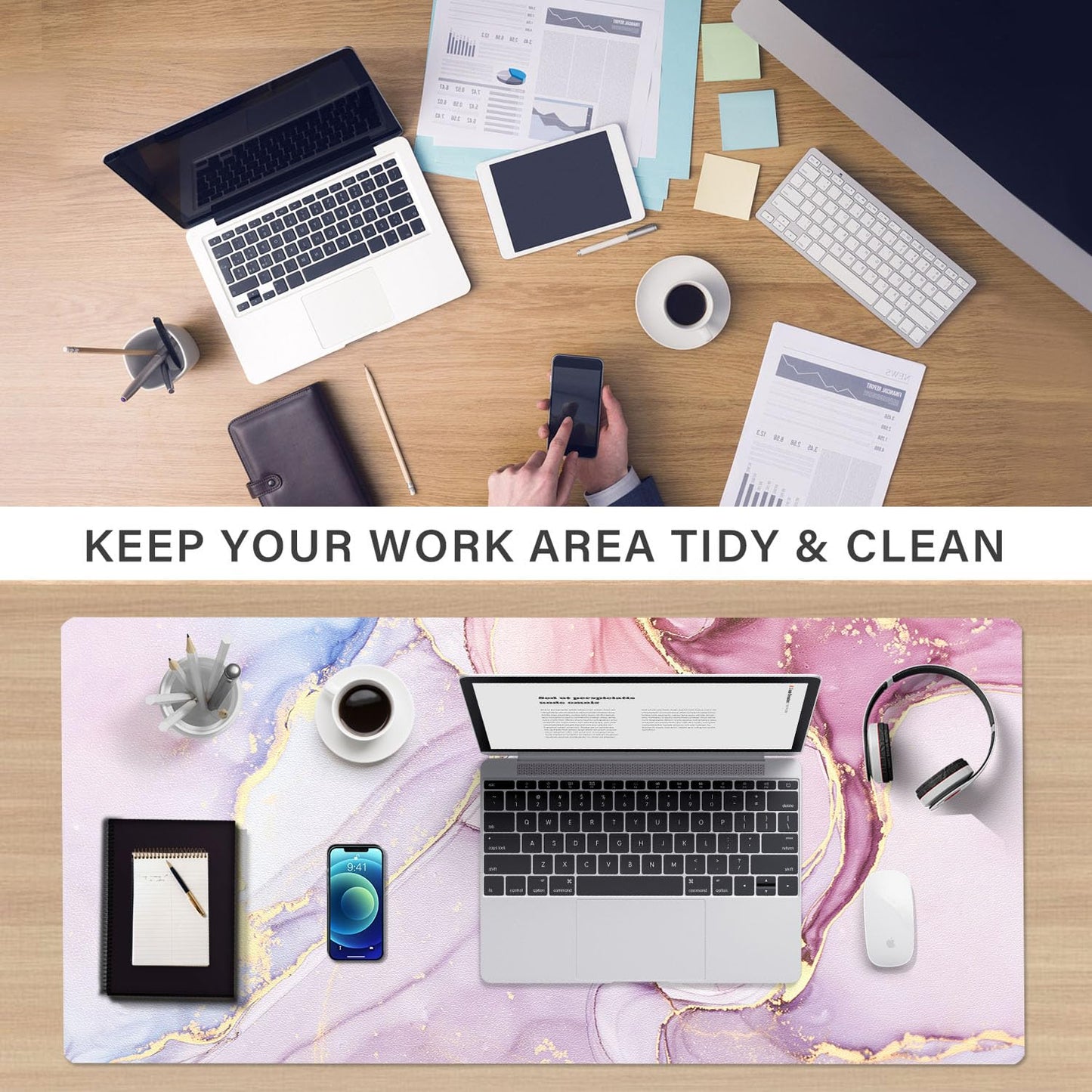 EPriakotu desk pad, 90 x 40cm PU leather desk mat, waterproof desk blotter protection office desk mat computer laptop keyboard mat for office home
