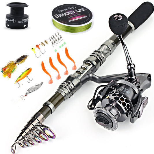 Sougayilang, telescopic fishing rod/reel, carbon fiber rod/spinning reels, fishing accessories, great for travel, saltwater and freshwater fishing, full kits with carrying case, 1.8m/5.91ft.