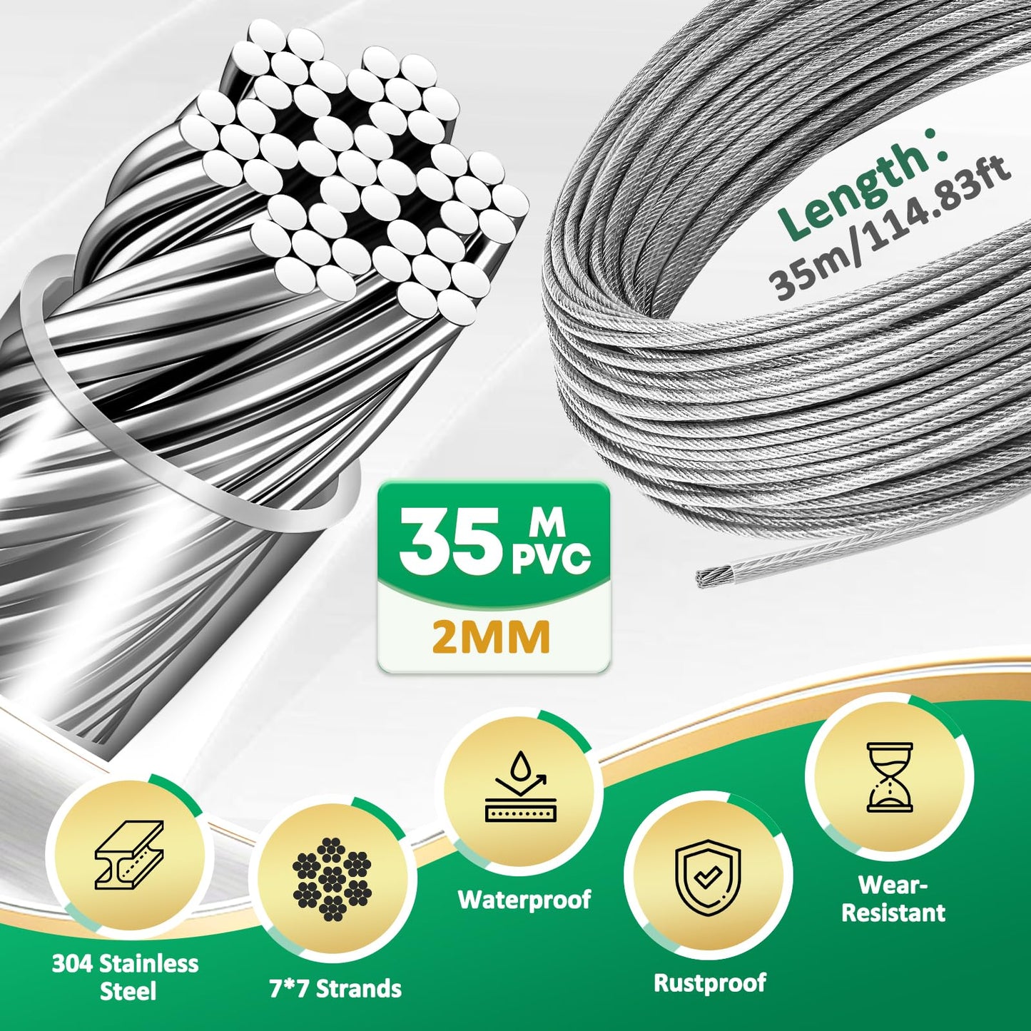 TicKiddos 2mm steel cable, wire rope 35M for home & garden wire fence kit, 304 stainless steel wire rope for climbing plant support system, tent rope, clothesline, hanging lights, picture display, sun sail.