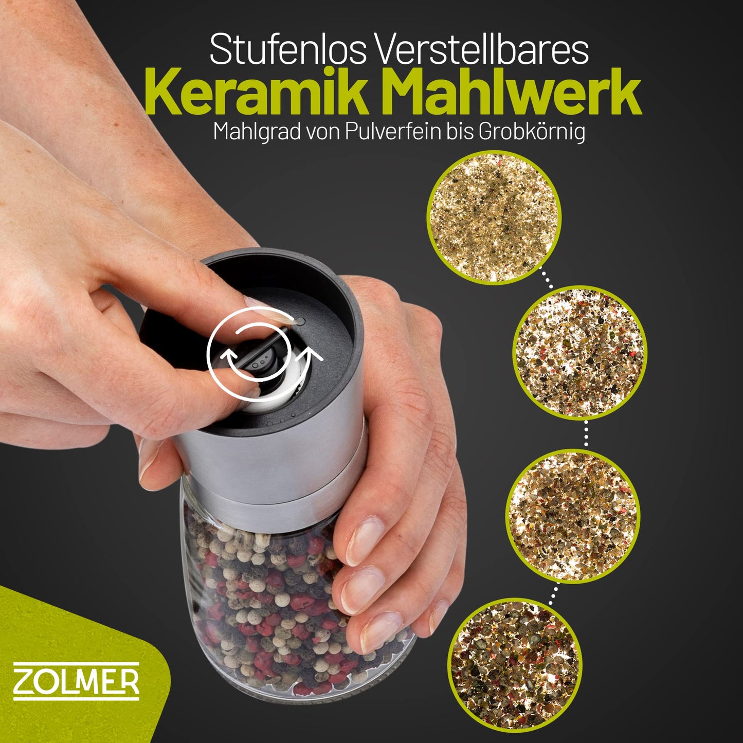 Zolmer® Salt and Pepper Mill with Bamboo Stand - Spice Mill Set of 2 made of Stainless Steel & Glass - Ceramic Grinder, adjustable, refillable & stylish for any kitchen.
